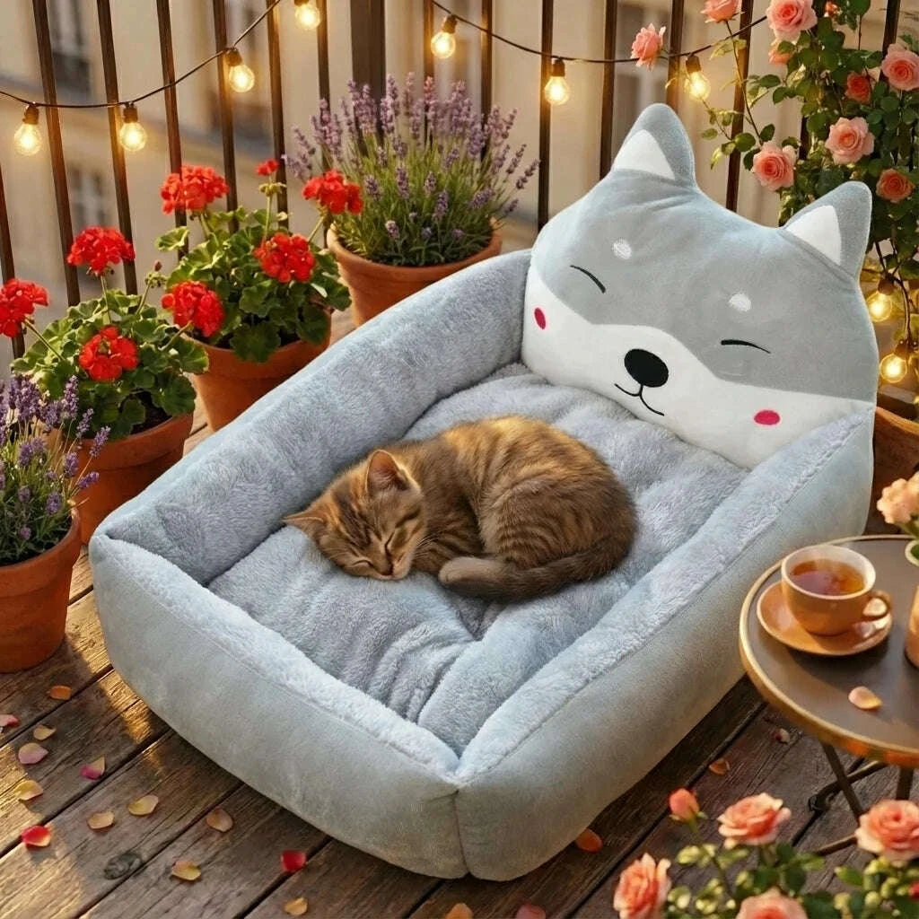 Comfortable gray cat bed, in a room setting