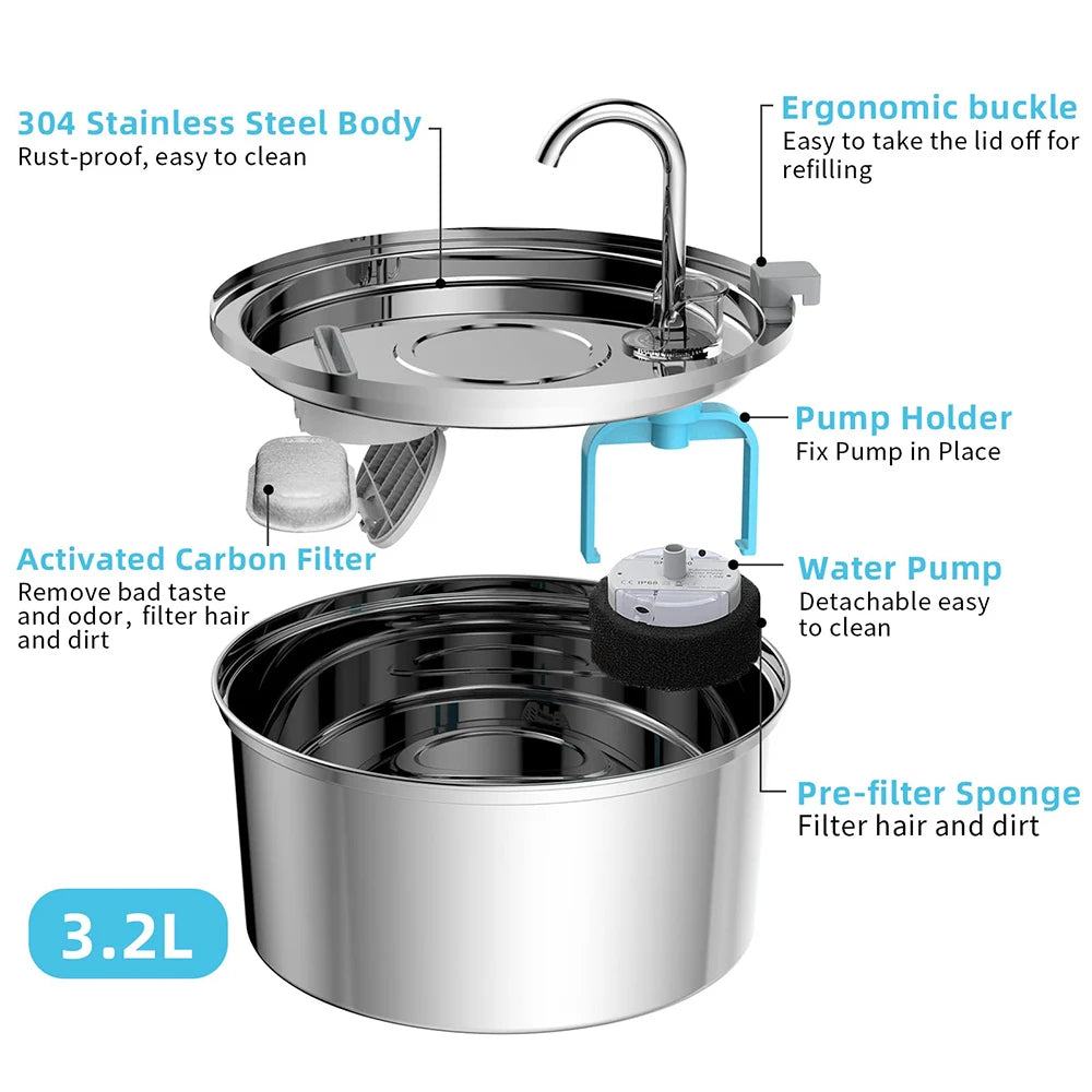 Exploded view of components: lid, activated carbon filter, removable pump, and pre-filter sponge
