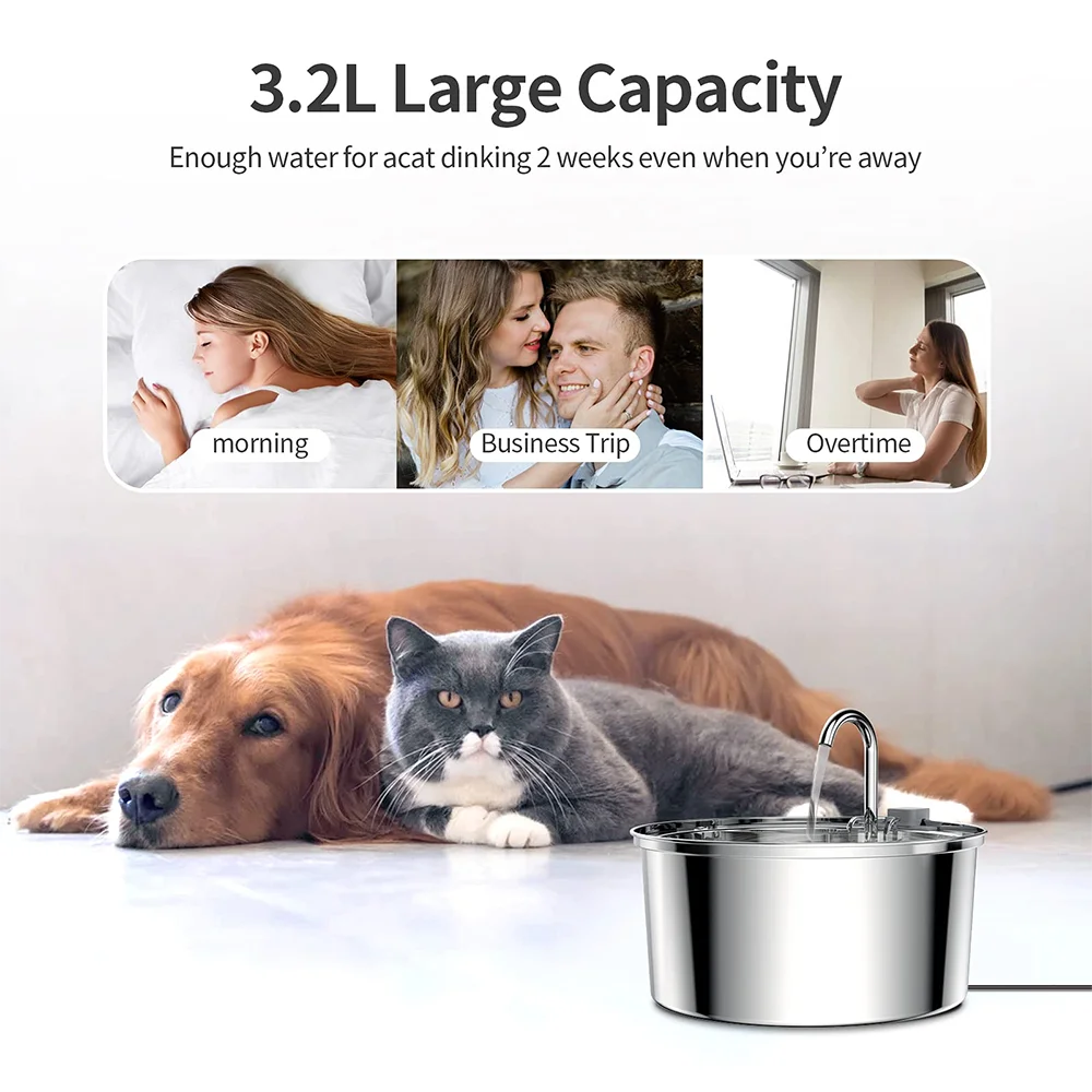Large-capacity autonomy infographic: gray cat and dog lying in front of the running fountain