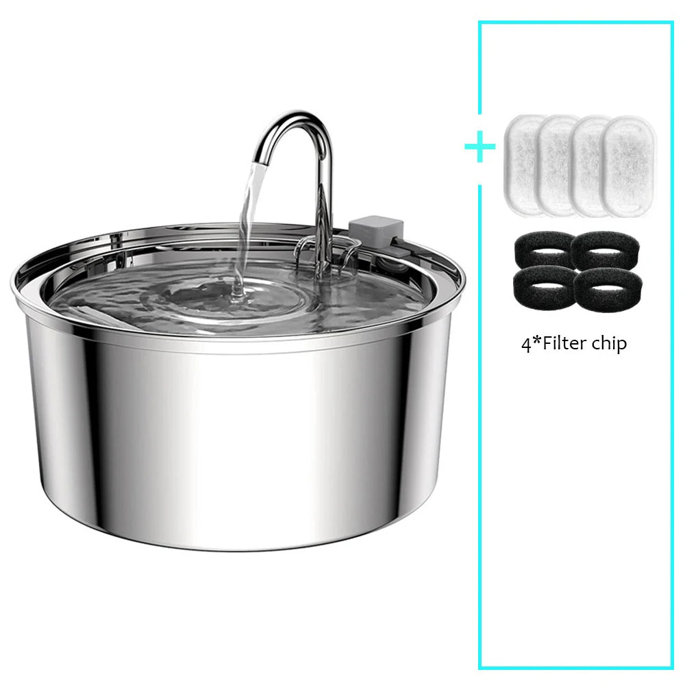 Box contents: stainless steel cat water fountain with 4 carbon filters and 4 pre-filter sponges included