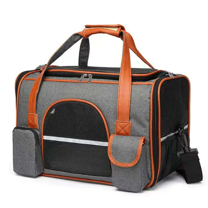 Sac de transport pour chat XXL, vue trois-quarts, fenêtre grillagée arrondie et bandoulière