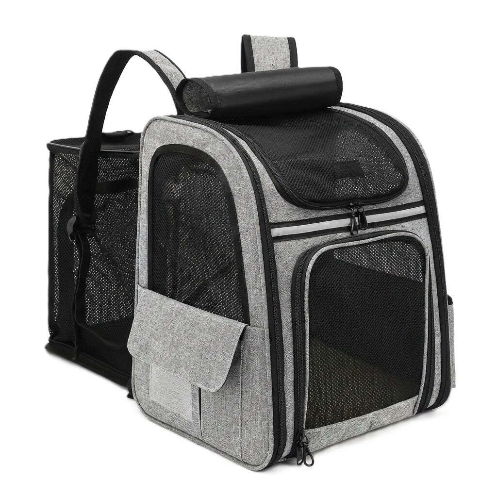 Sac à dos pour chat, vide, grandes fenêtres mesh, fond blanc, vue 3/4 gauche