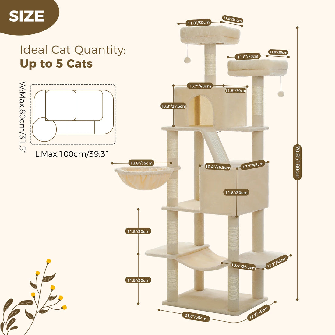 Arbre à chat d'angle avec panier suspendu