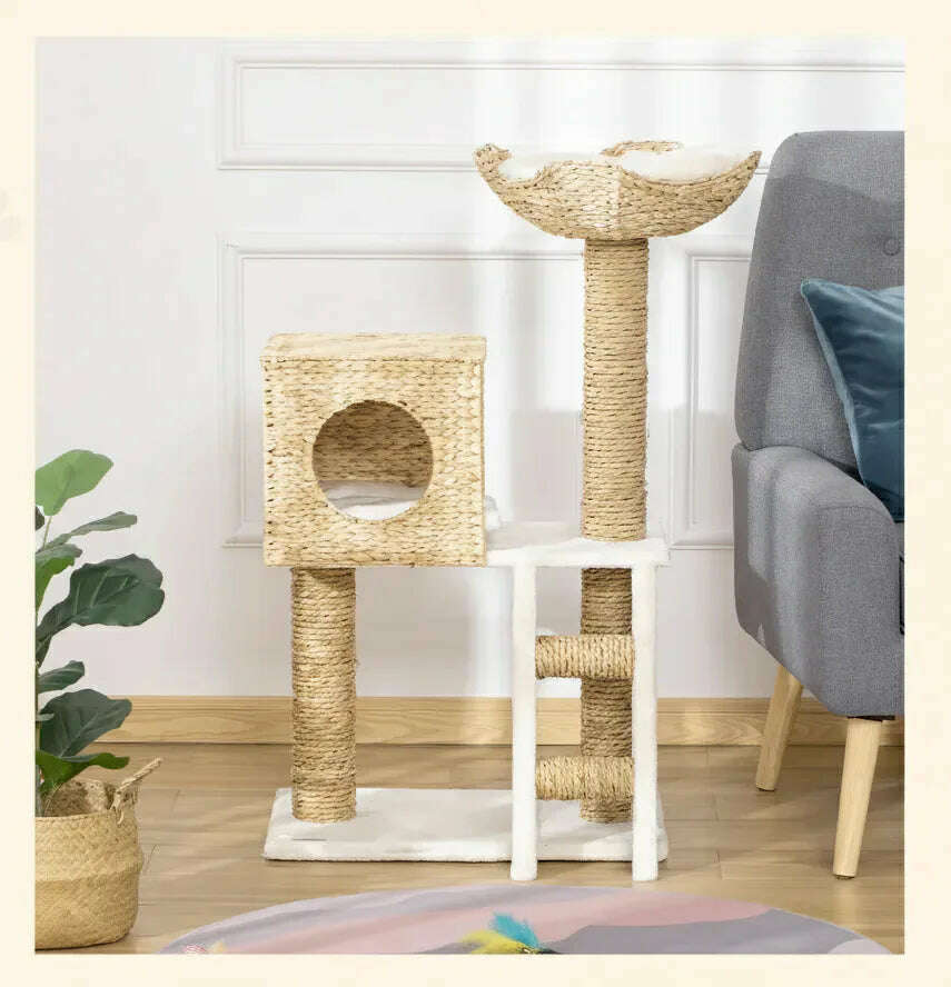 Arbre à chat en osier tressé design, vue de côté