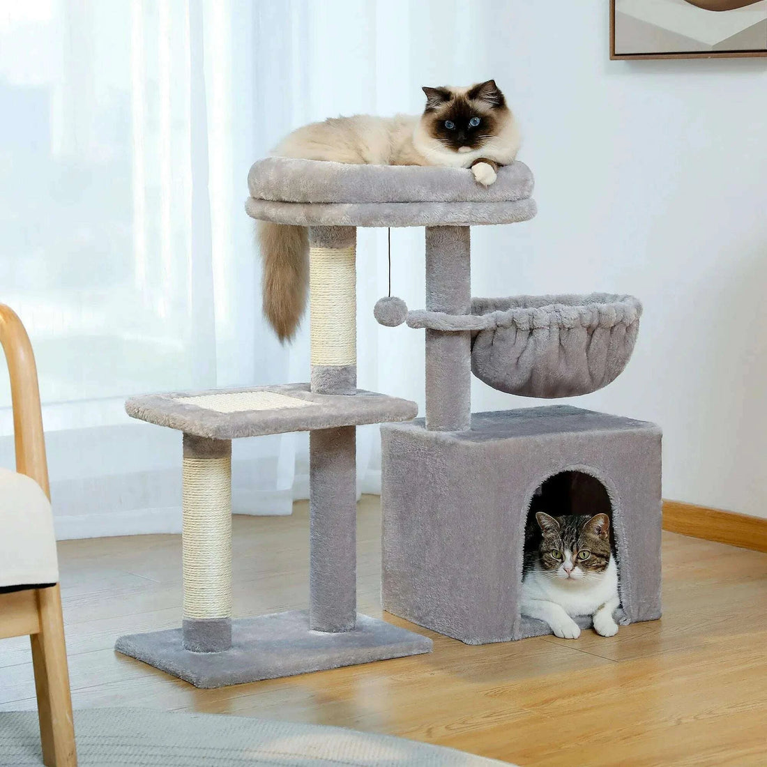 Arbre à chat compact, de profil