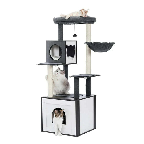Cat tree with built-in litter box, wood furniture