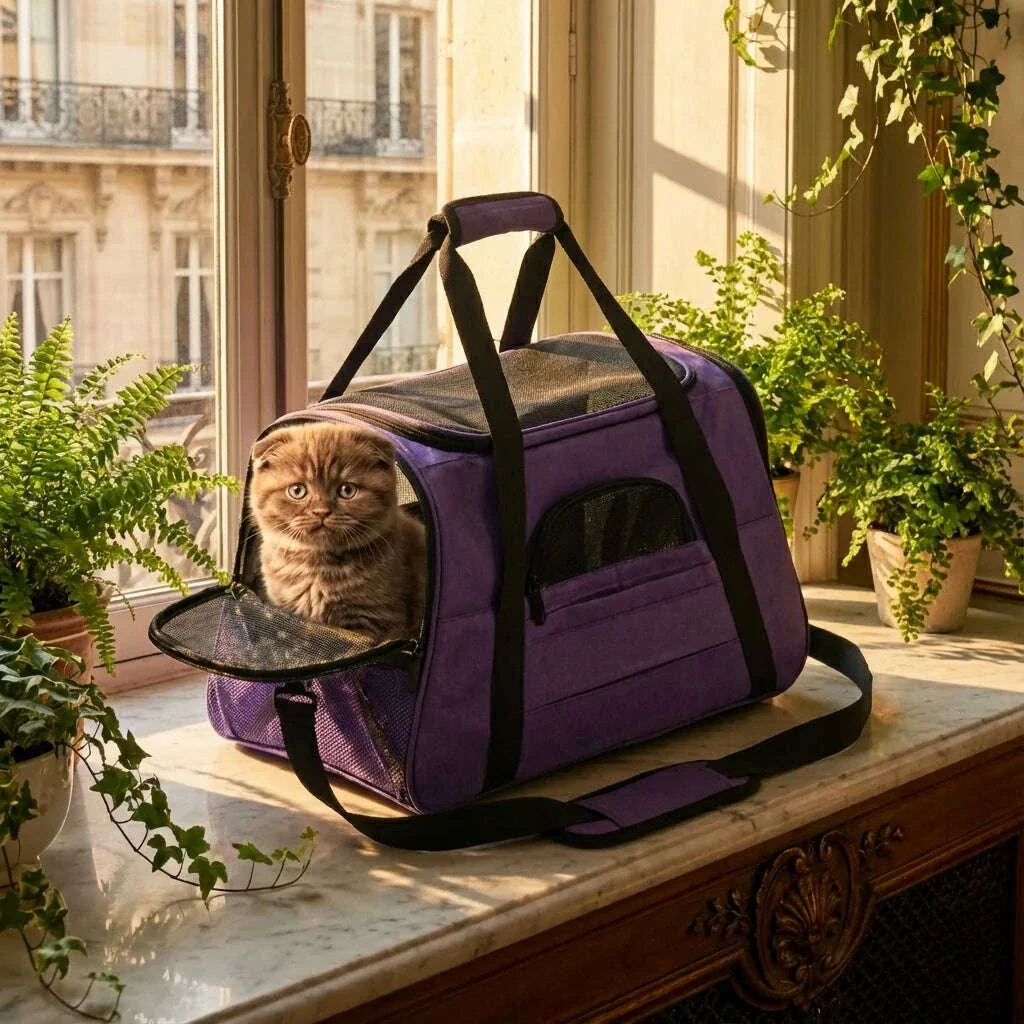 Grand panier de transport pour chat, chaton à l'intérieur