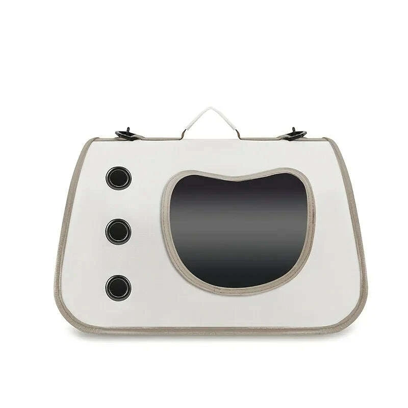 Panier de transport pour chat pas cher, sac écru avec hublot en tête de chat et trois œillets de ventilation