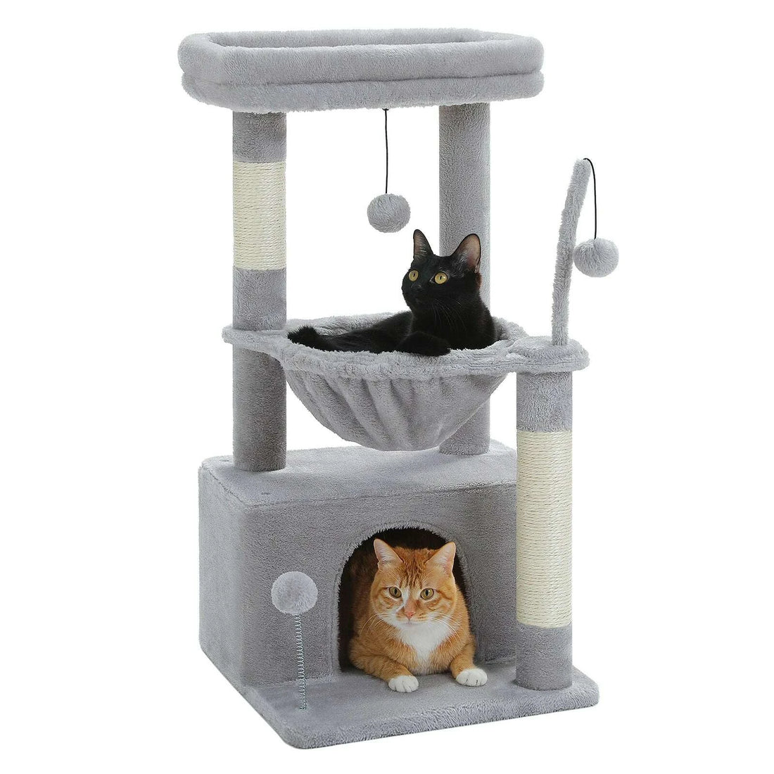 Version coloris gris clair sur fond blanc : chat noir au hamac, chat roux dans la grotte