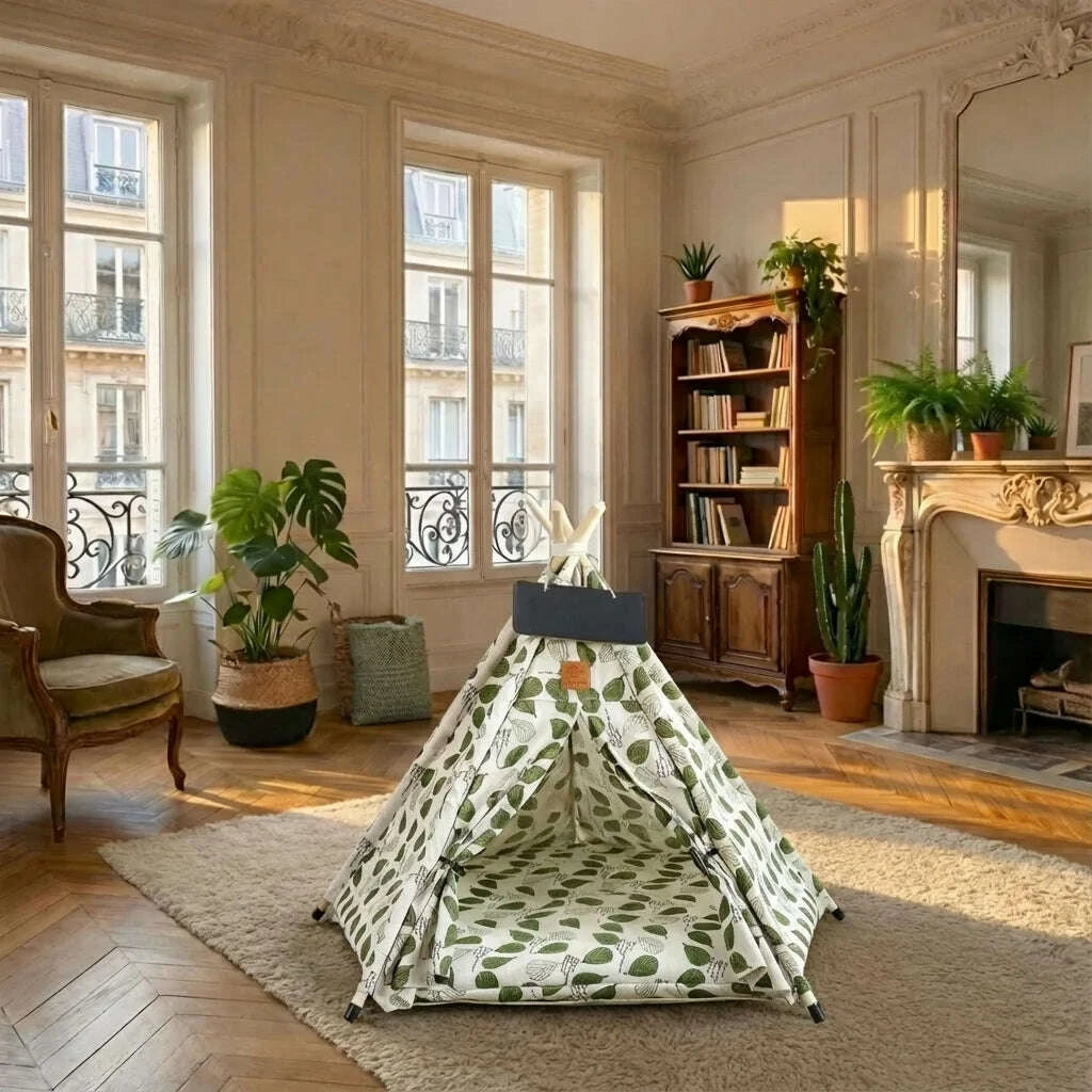 Tente pliable pour chat, en situation salon