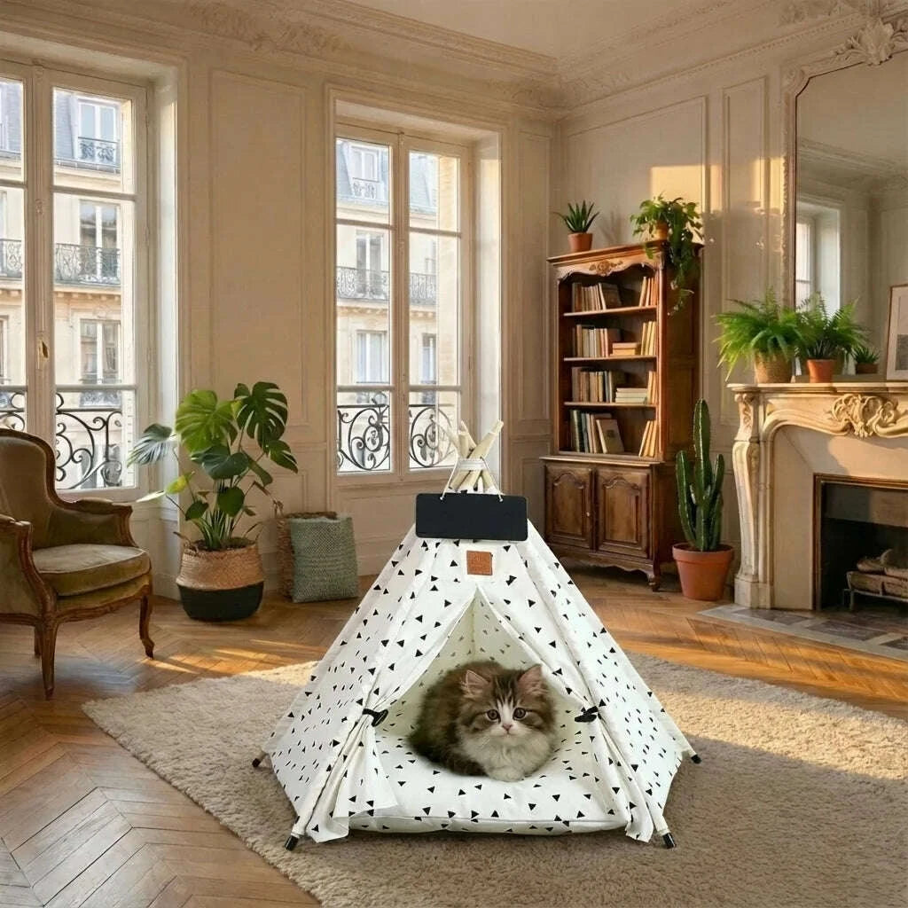 Petit tipi pour chat, chat à l'intérieur