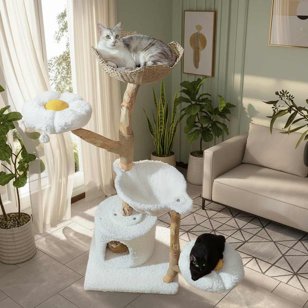 Arbre à chat en bois naturel, vue arrière