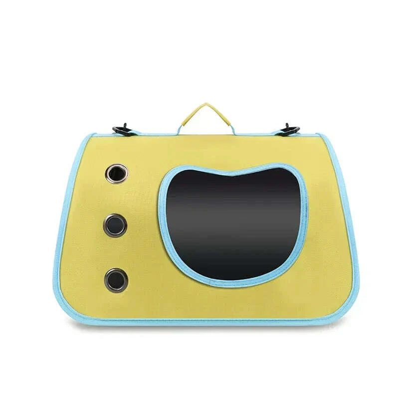 Panier de transport pour chat pas cher, coloris jaune citron et liseré bleu, fenêtre mesh en forme de tête de chat