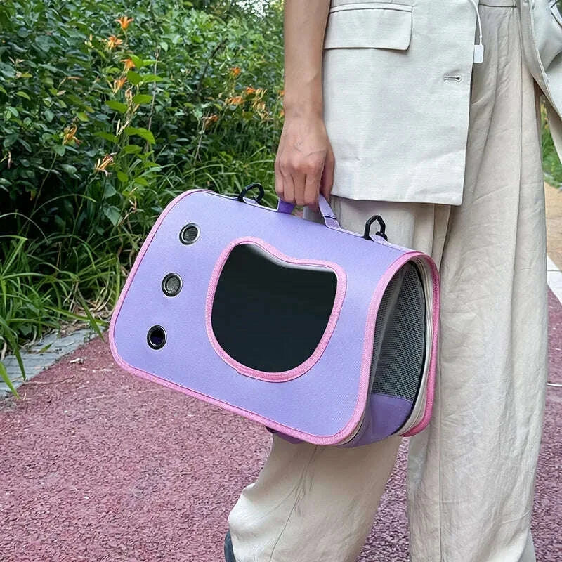 Panier de transport pour chat pas cher, vue de face sur le sac violet et rose en extérieur