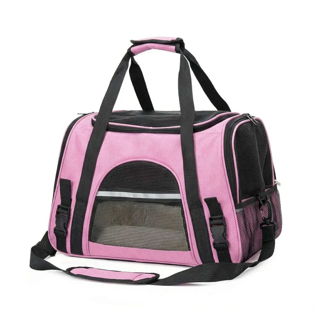 Grand panier de transport pour chat, vue 3/4 droite : hublot filet arqué, poche zippée, bande réfléchissante et filet latéral