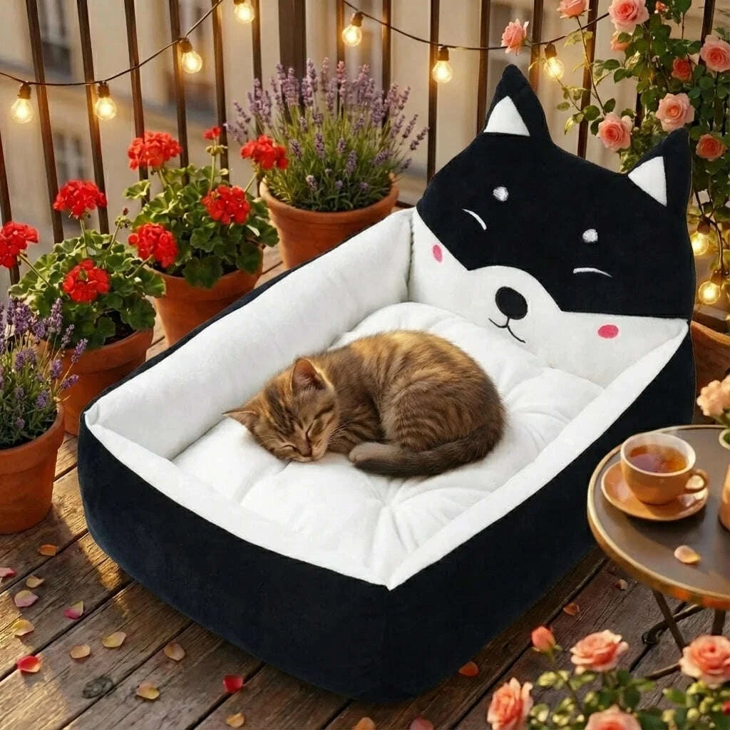 Cozy black cat bed, in a room setting