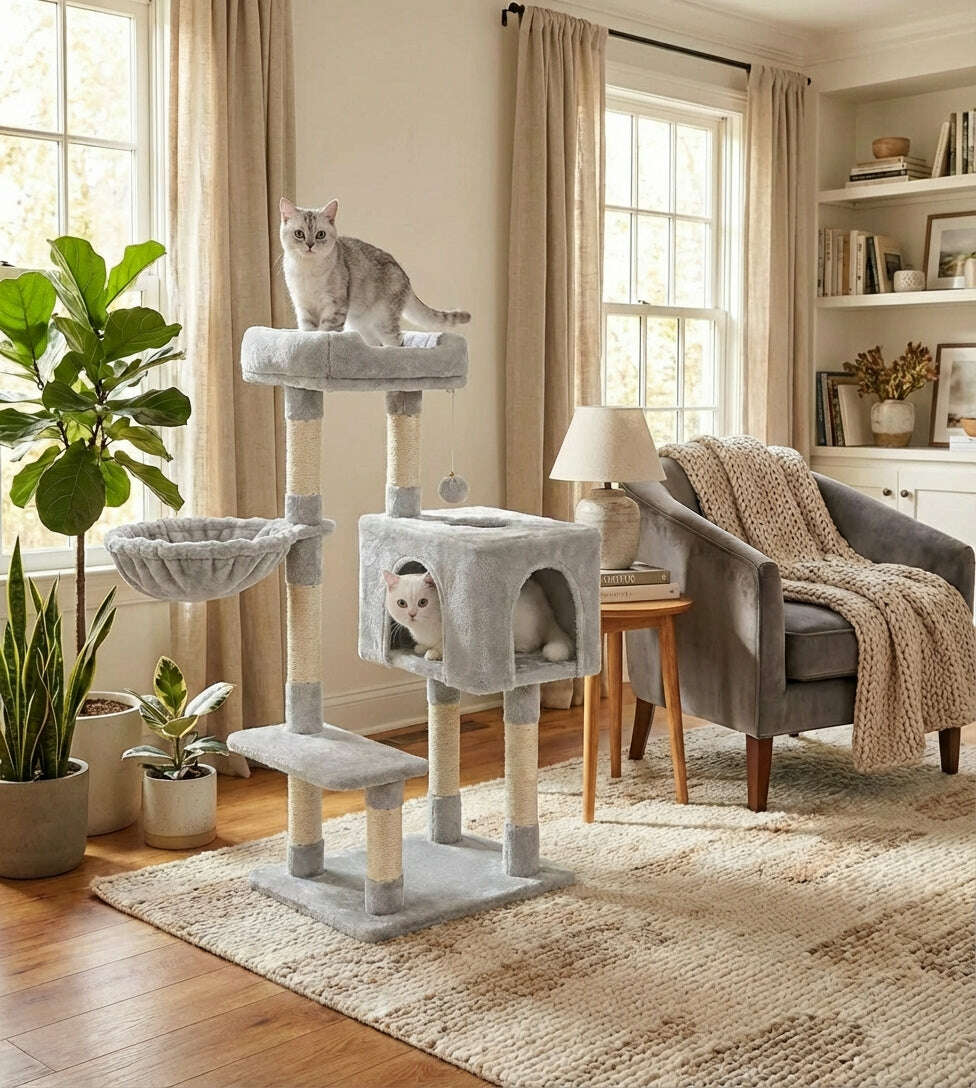 Structure grise installée dans un salon lumineux, chat tigré au sommet, chat blanc dans la grotte