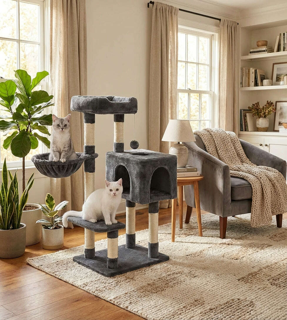 Version gris anthracite dans un salon chaleureux, deux chats occupant le hamac et le palier bas