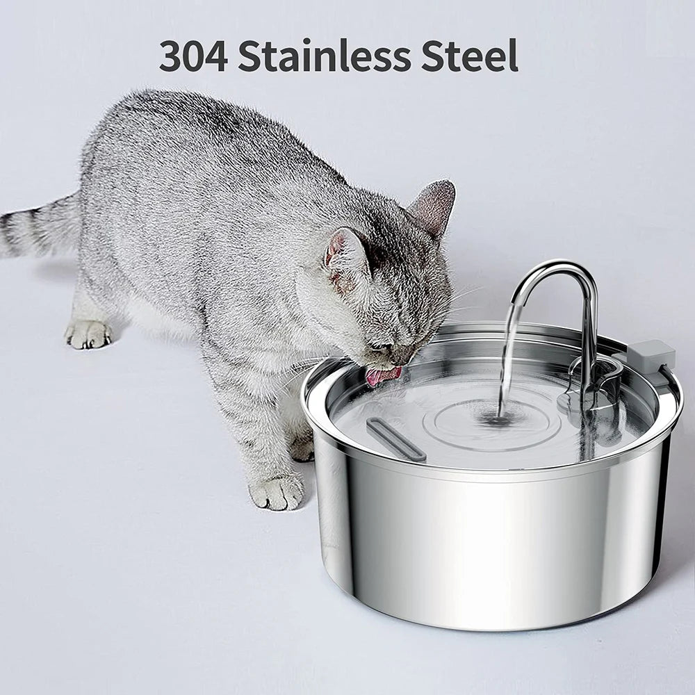 Gray tabby cat drinking directly from the stream of the 304 stainless steel cat water fountain