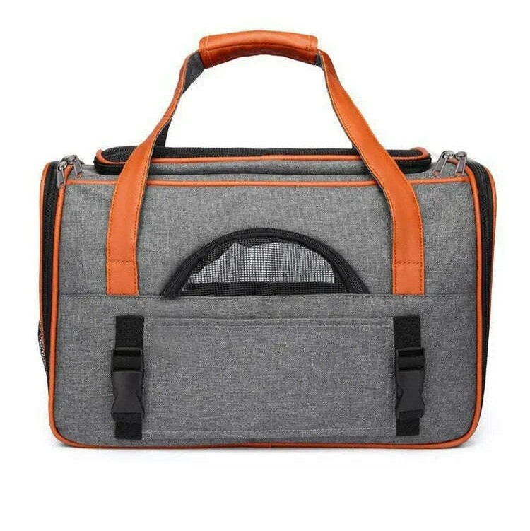 Sac de transport pour chat XXL, trois-quarts et dos, révélant la structure gris chiné bordée camel