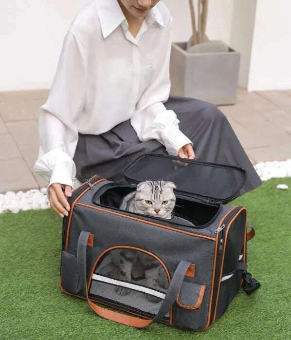 Sac de transport pour chat XXL, tenu par une femme sur pelouse