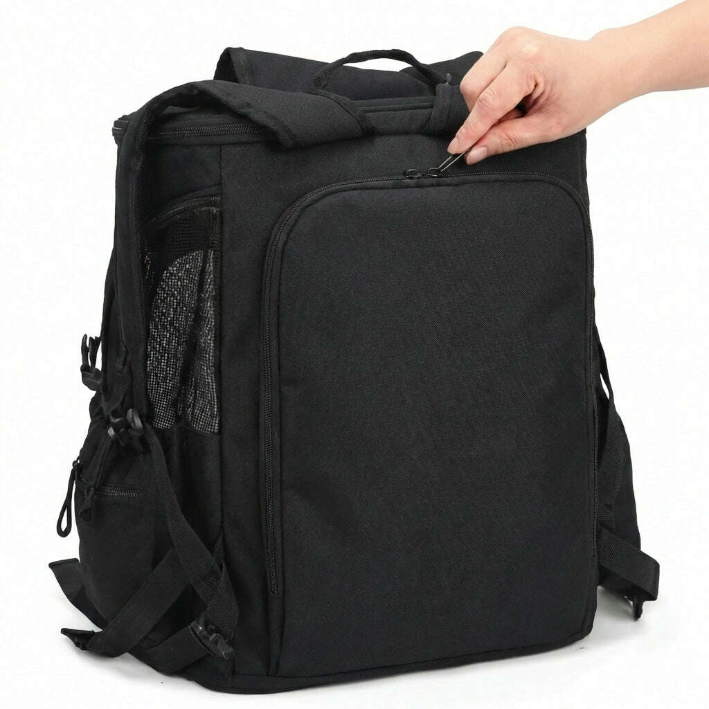 Sac à dos pour chat, vue du panneau dorsal plein en tissu noir