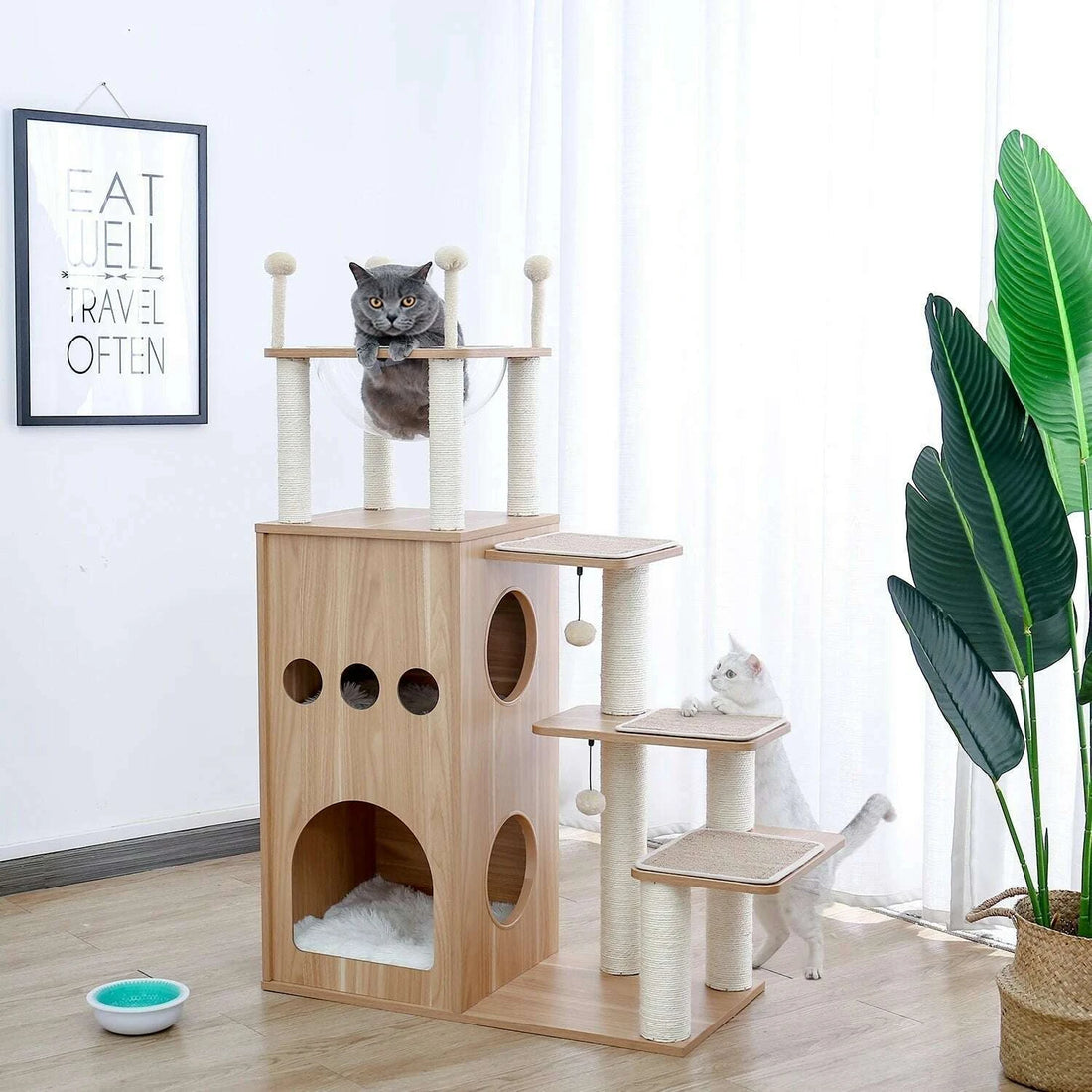 Arbre à chat design en bois clair — vue d'ensemble