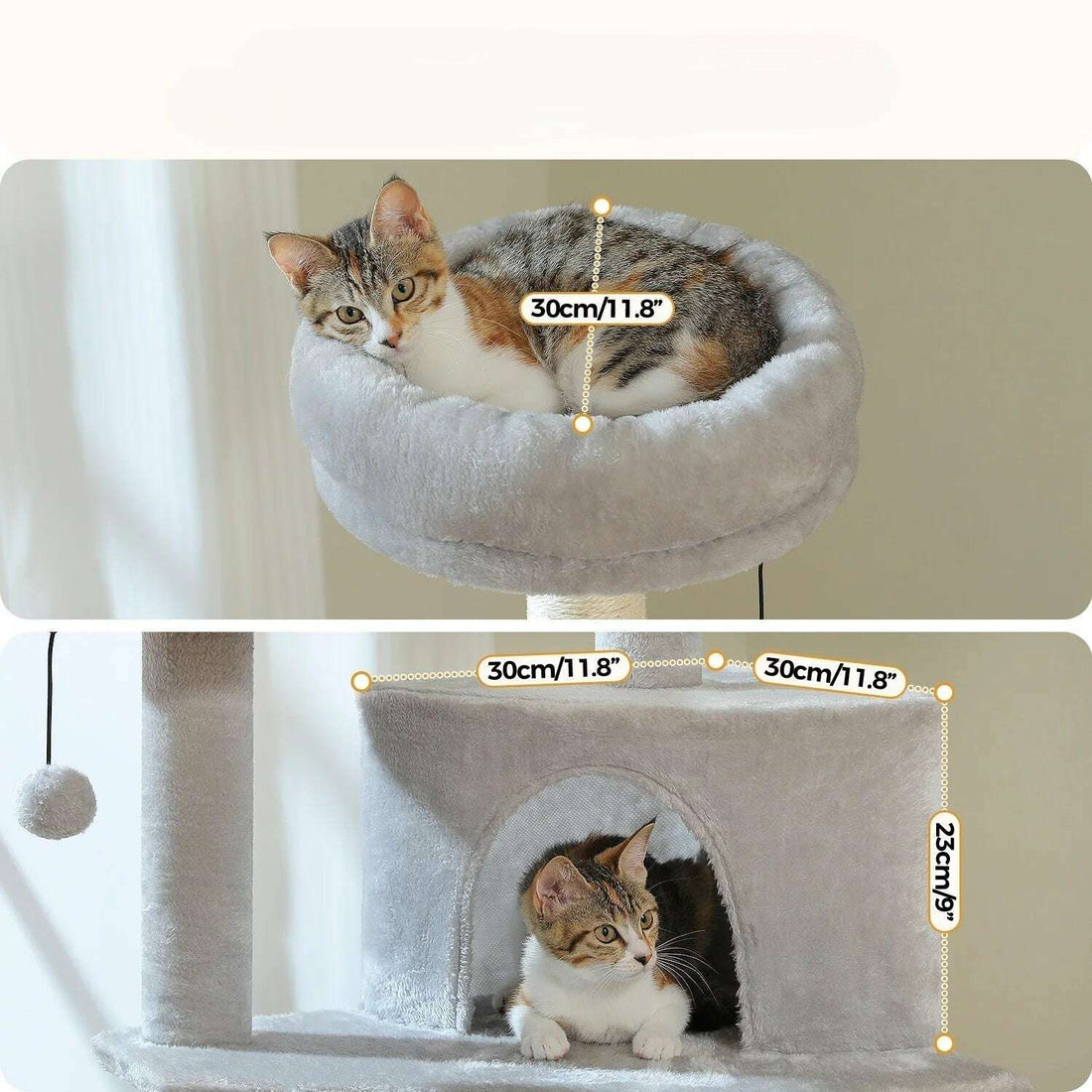 Cotes annotées du perchoir rond 30 cm et de la maisonnette 30×30×25 cm, un chaton dans chaque