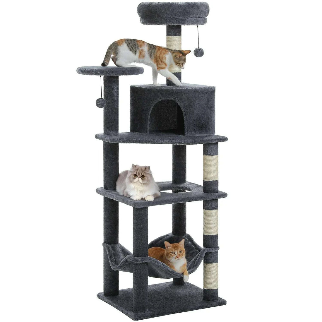 Version gris anthracite sur fond blanc avec trois chats et poteaux en sisal naturel