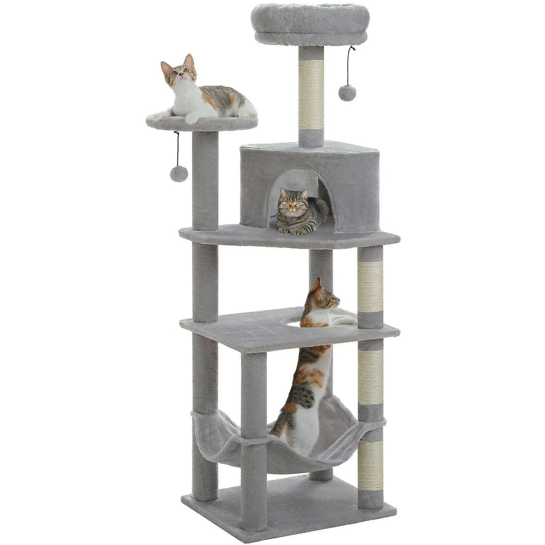 Modèle gris clair sur fond blanc : chat allongé en haut, tabby dans la maisonnette