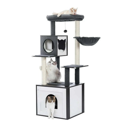 Arbre à chat avec litière intégrée, meuble en bois