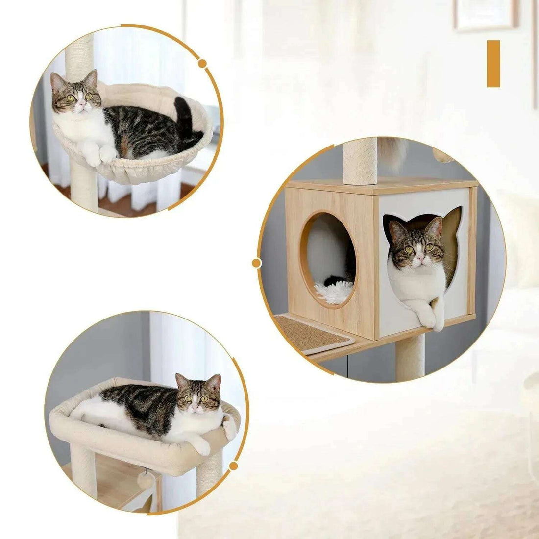 Arbre à chat en bois avec litière intégrée, détail