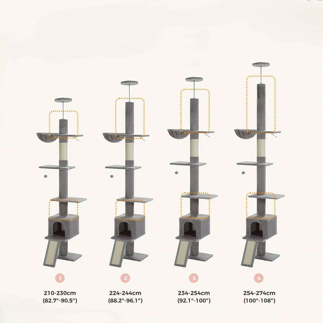 Quatre silhouettes illustrant les configurations de hauteur de 210 à 274 cm, segments ajustables surlignés en pointillés jaunes