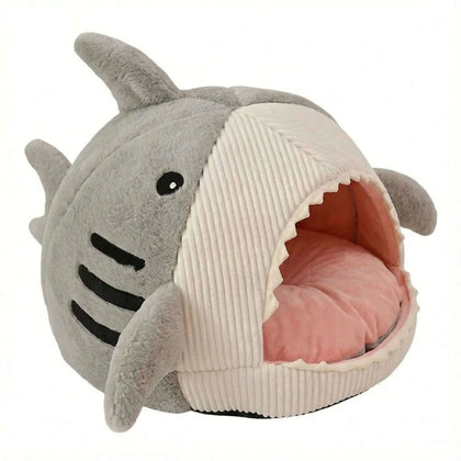 Maison pour chat requin, grotte-requin grise avec intérieur rose et coussin moelleux