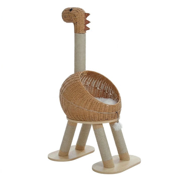 Woven rattan dinosaur cat tree, natural rattan