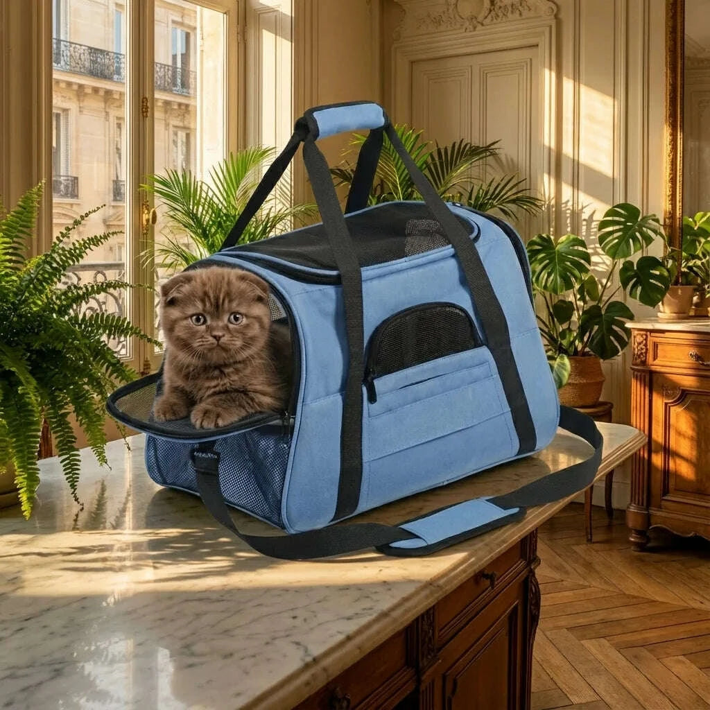 Grand panier de transport pour chat, chaton brun visible à l'intérieur