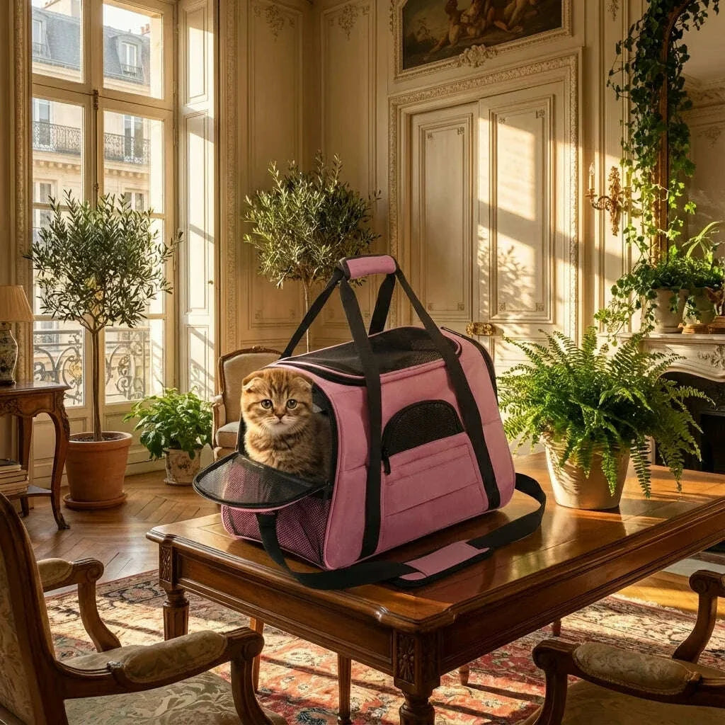 Grand panier de transport pour chat, salon haussmannien baigné de lumière dorée