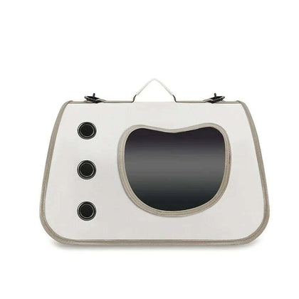 Panier de transport pour chat pas cher, sac écru avec hublot en tête de chat et trois œillets de ventilation
