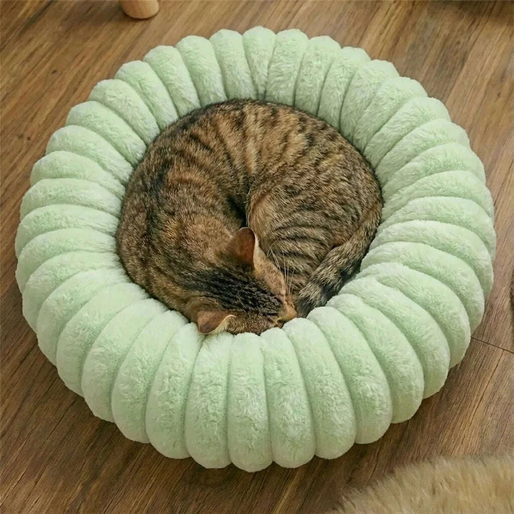 Panier rond pour chat en coussin vert pastel — vue de côté