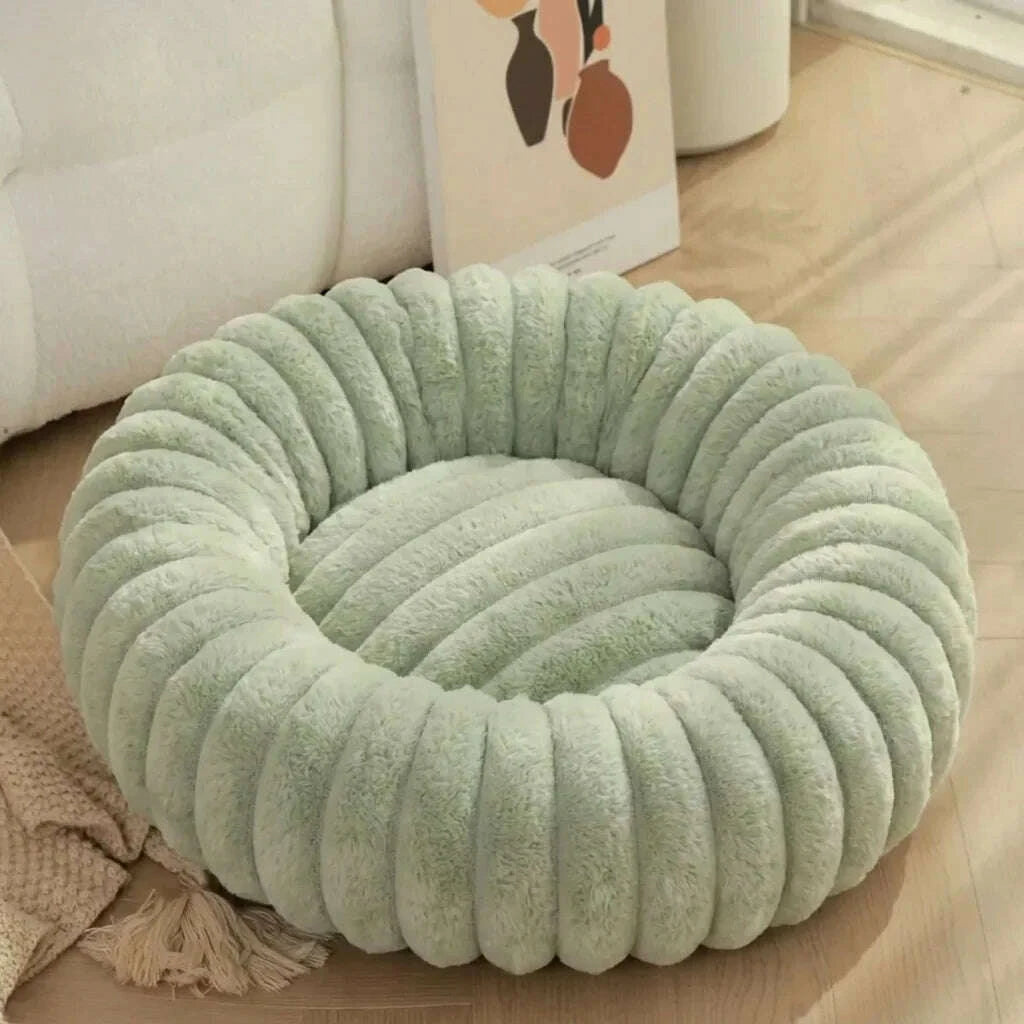 Panier rond pour chat en coussin vert pastel — en situation
