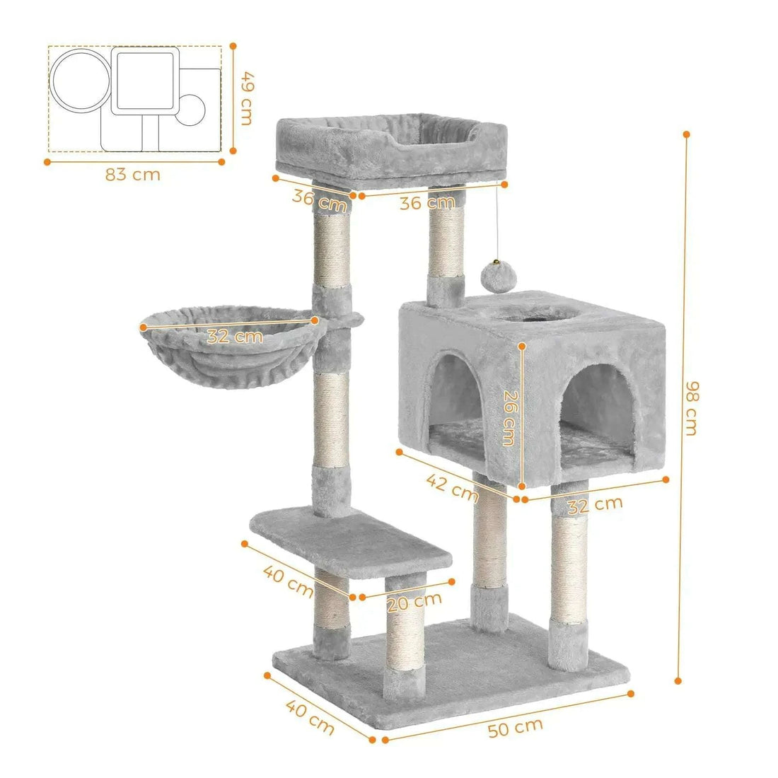Schéma coté : hauteur 98 cm, base 50×40 cm, maisonnette 42×32 cm, hamac 32 cm de diamètre