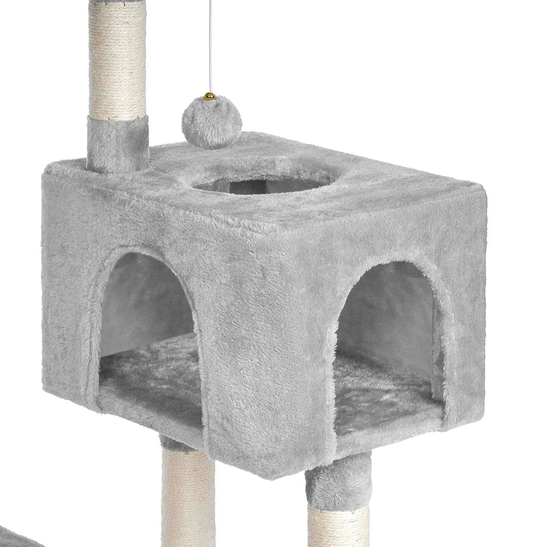 Maisonnette à deux arches et trou de jeu circulaire sur le dessus, boule suspendue par fil doré