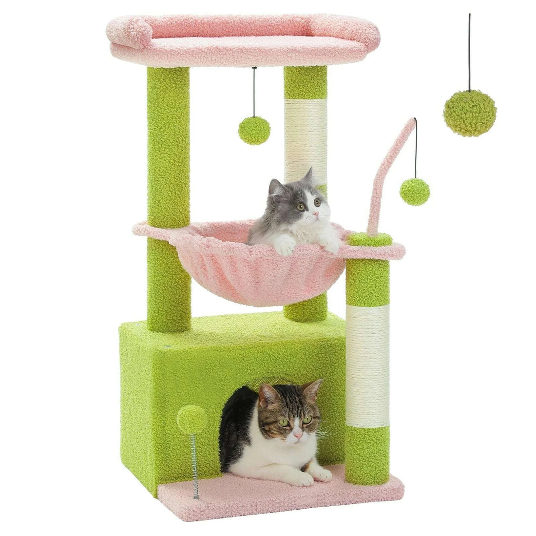 Version vert anis et rose sur fond blanc : chaton gris au hamac, chat tabby en grotte