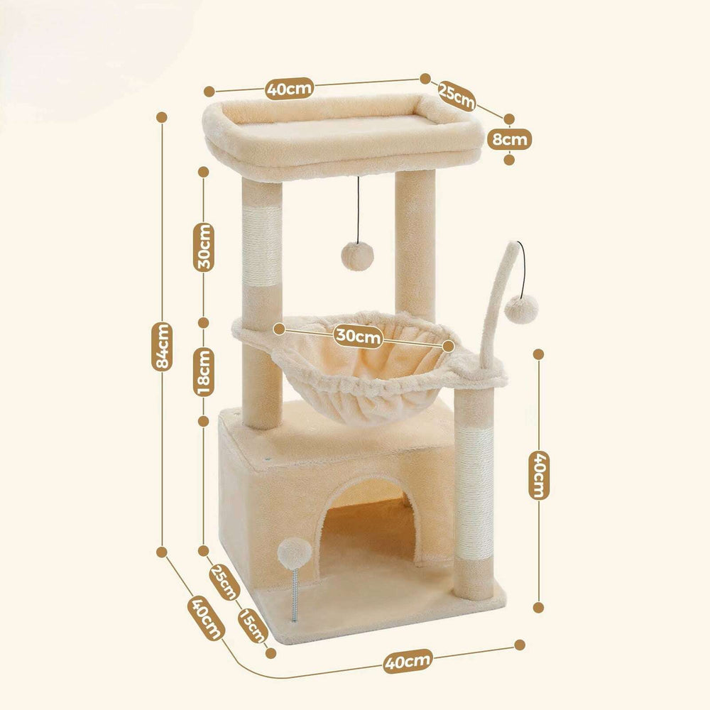 Schéma technique toutes cotes : hauteur totale 84 cm, hamac 30 cm, grotte 40×25 cm