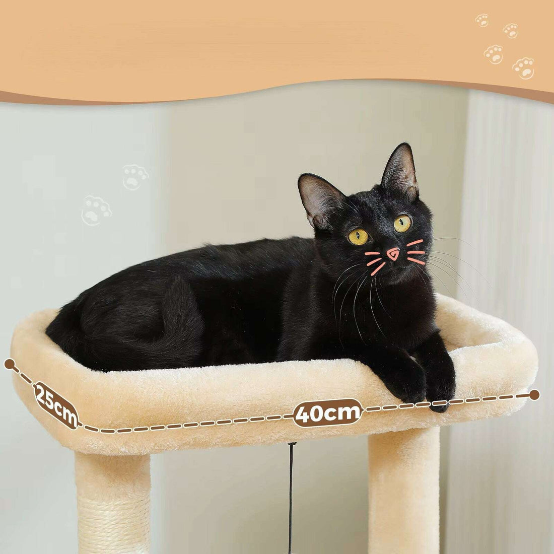 Perchoir supérieur 40×25 cm à bordure rembourrée, chat noir étendu dessus