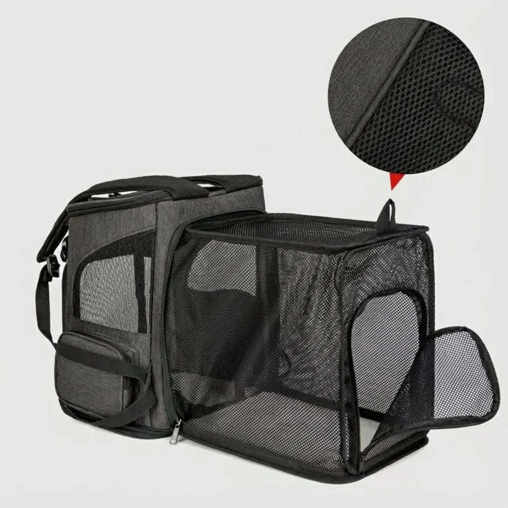 Sac à dos pour chat, zoom sur la maille aérée et la tirette rouge