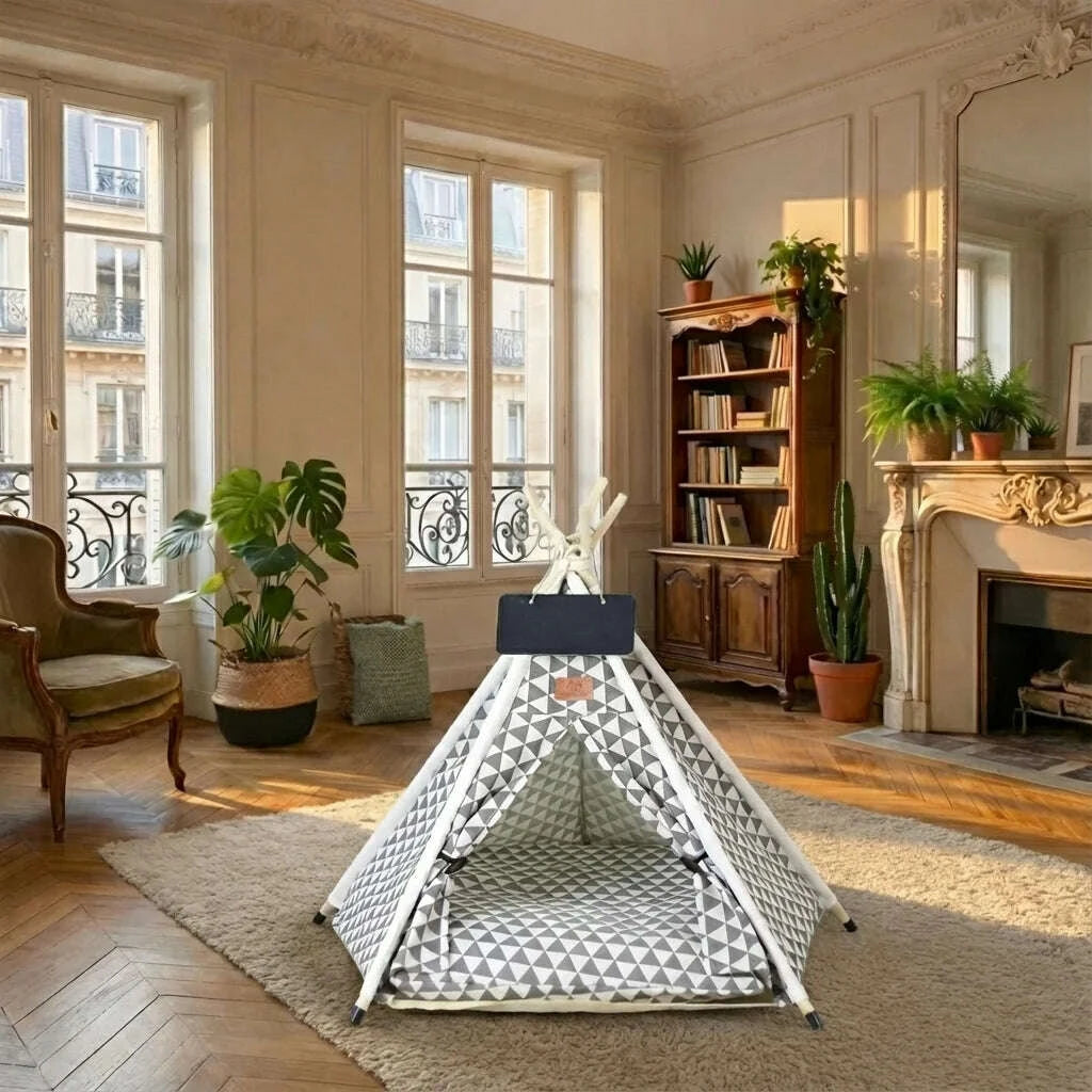 Grande tente pour chat, en situation salon