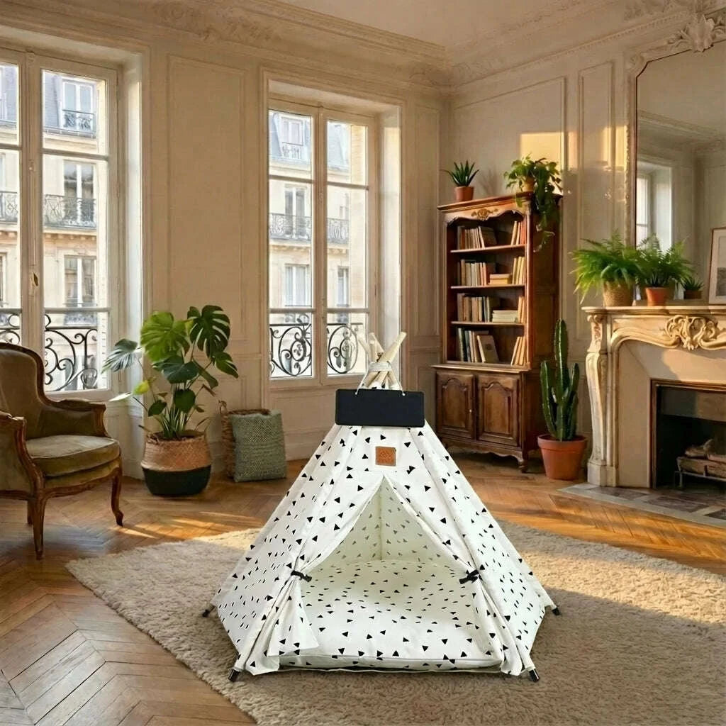Petit tipi pour chat, en situation salon