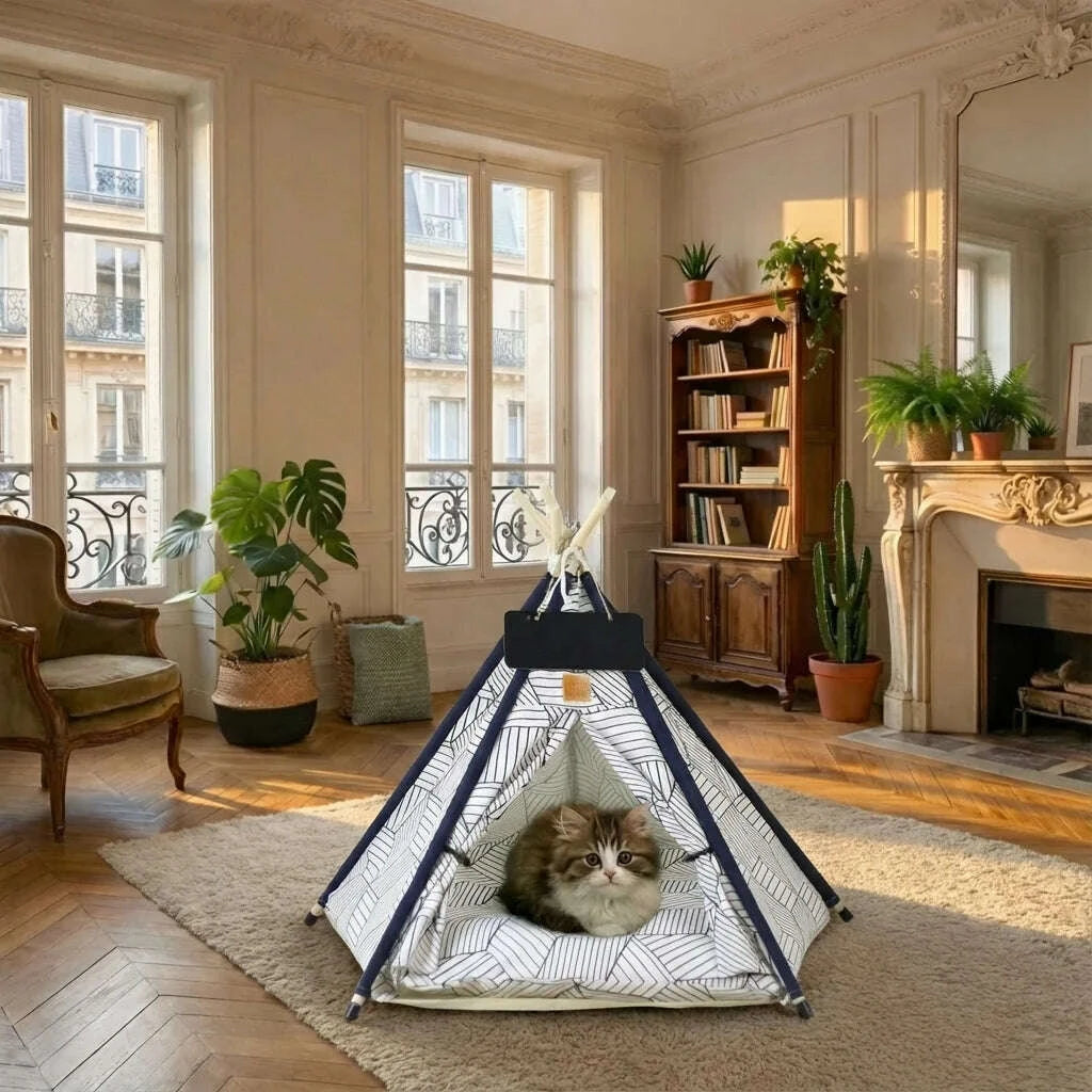 Cabane pour chat en bois, chat à l'intérieur
