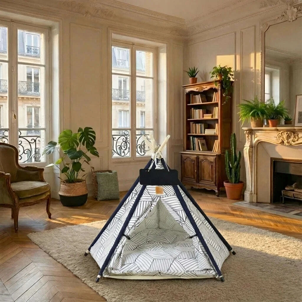 Cabane pour chat en bois, en situation salon